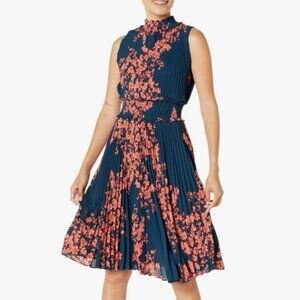 Nanette Lepore Smocked High Neck Pleated Dress Navy/Coral Dress